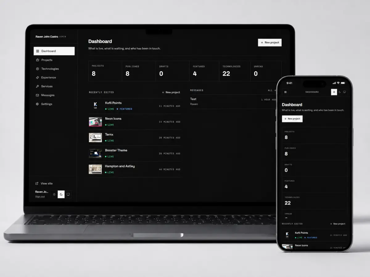 Kofii Portfolio administration dashboard shown on laptop and mobile