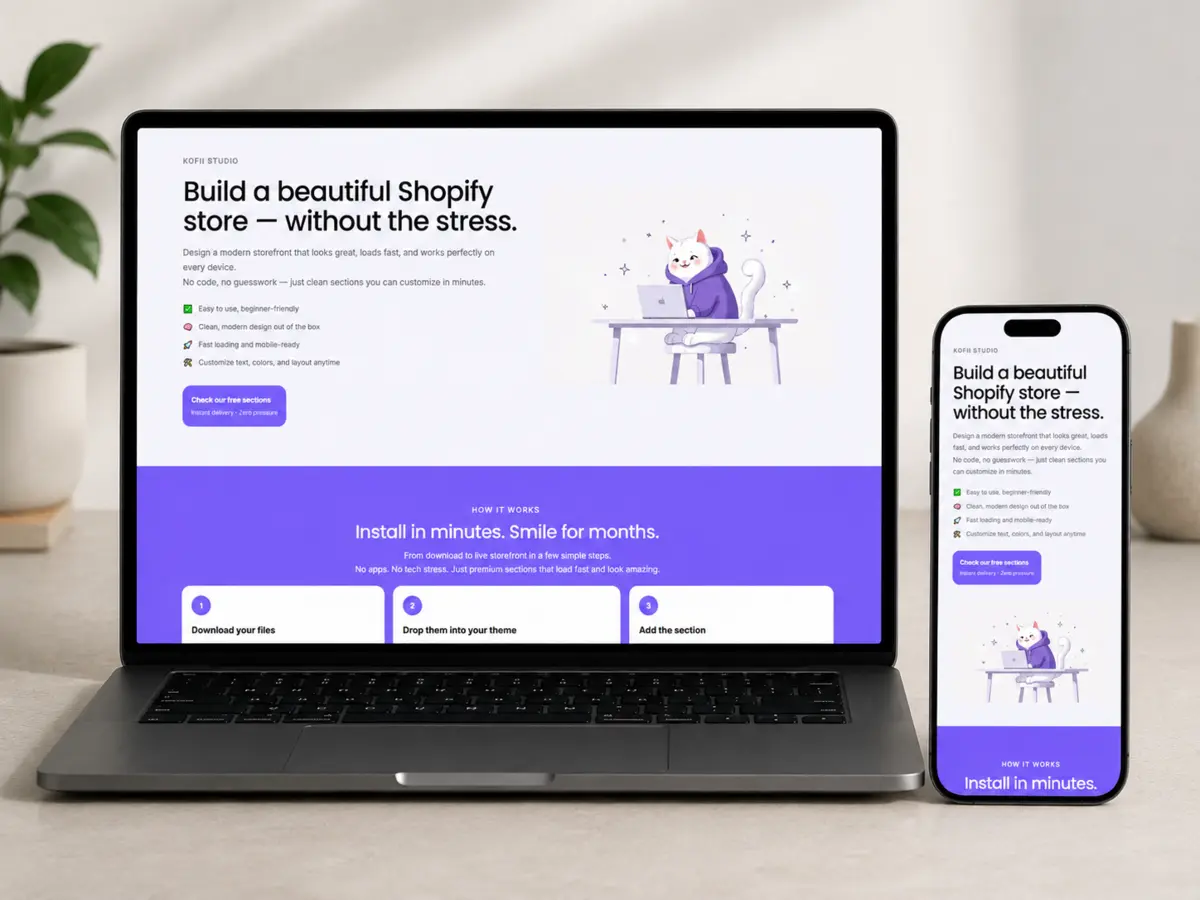 Kofii Studio Shopify sections website shown on laptop and mobile
