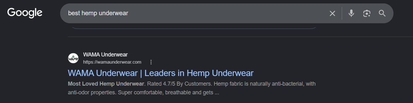 Google organic result for best hemp underwear showing WAMA Underwear